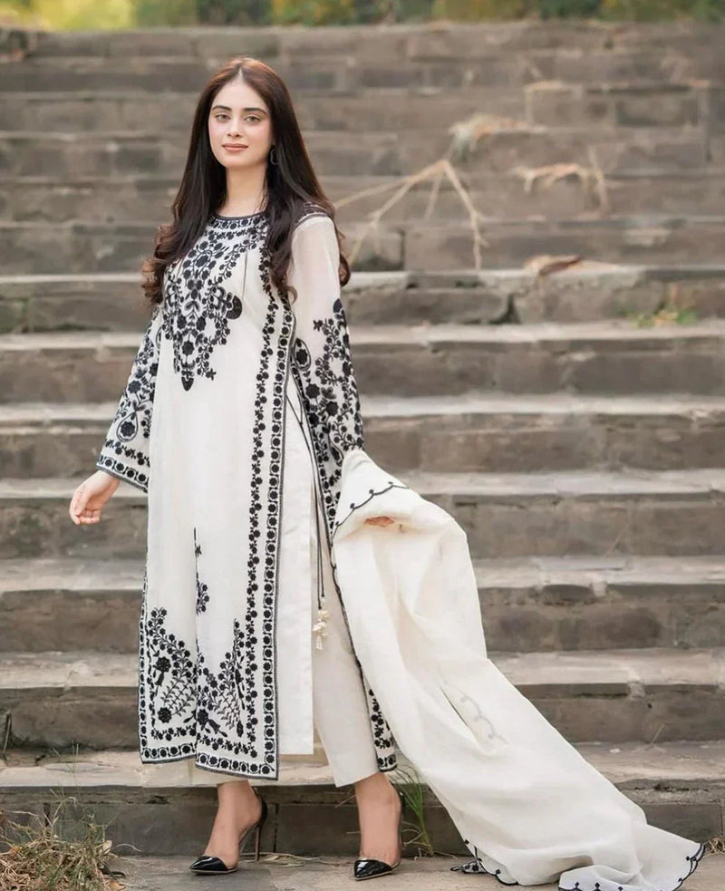JAZMIN-3PC DHANAK EMBROIDERED SHIRT WITH DHANAK EMBROIDERED SHAWL & TROUSER-BIC-4205