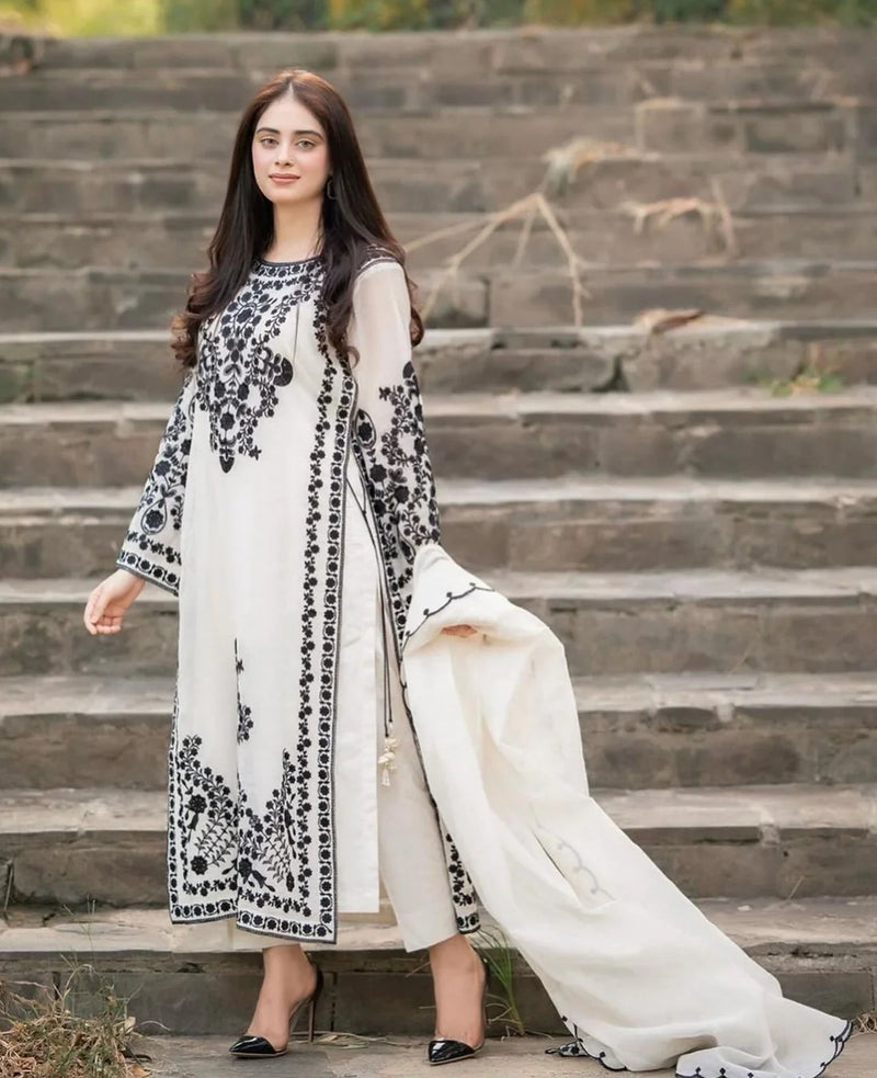 JAZMIN - 3PC DHANAK EMBROIDERED SHIRT WITH DHANAK EMBROIDERED SHAWL & TROUSER - 4205