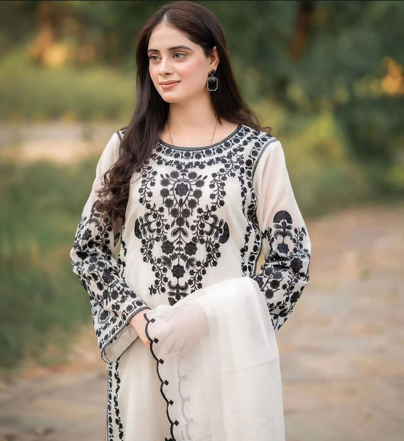 JAZMIN - 3PC DHANAK EMBROIDERED SHIRT WITH DHANAK EMBROIDERED SHAWL & TROUSER - 4205