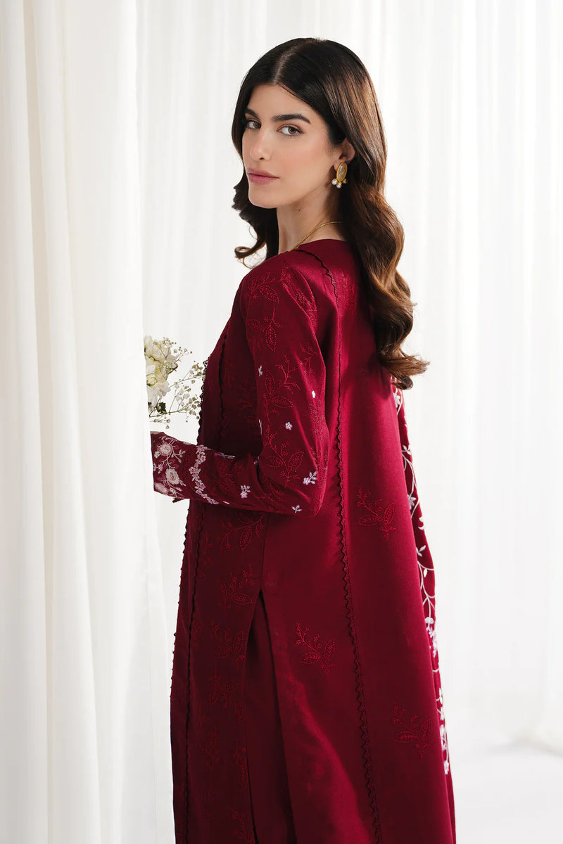 GARNET-3PC DHANAK EMBROIDERED SHIRT WITH DHANAK EMBROIDERED SHAWL & TROUSER-4312