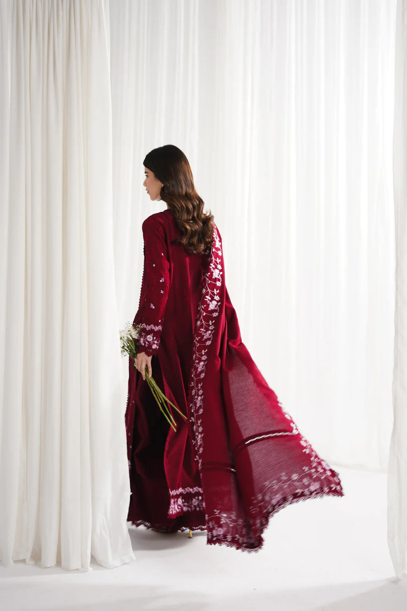 GARNET-3PC DHANAK EMBROIDERED SHIRT WITH DHANAK EMBROIDERED SHAWL & TROUSER-4312