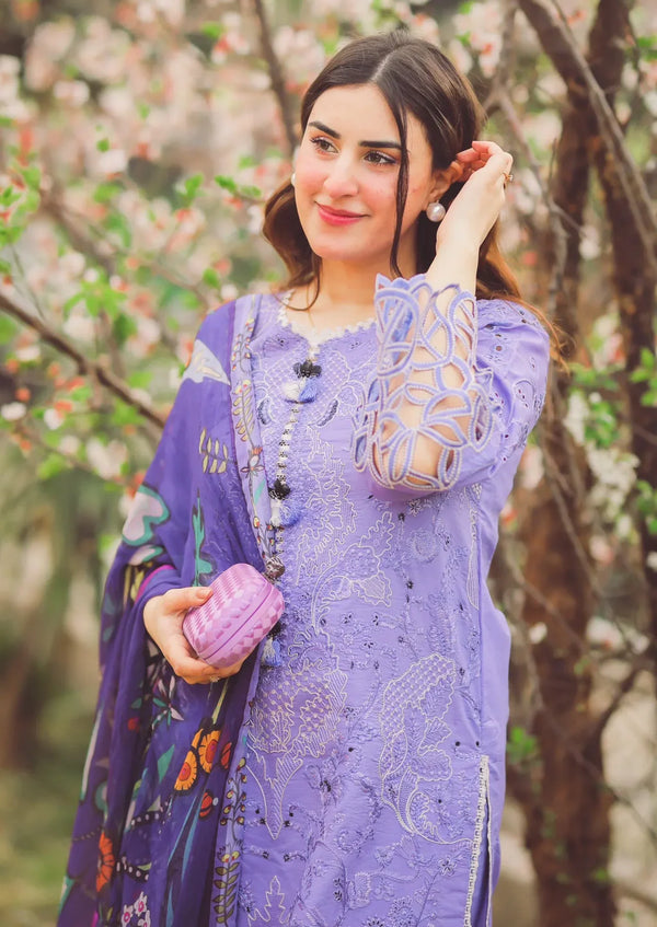 MUSHQ-3PC DHANAK EMBROIDERED SHIRT WITH COURTRAI PRINTED SHAWL & TROUSER - 14070