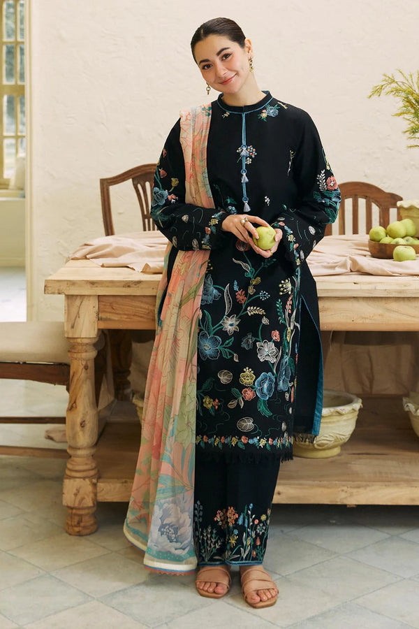 ZAHRA SHAHJAHAN - 3PC DHANAK EMBROIDERED WITH WOOL PRINT SHAWL-3214