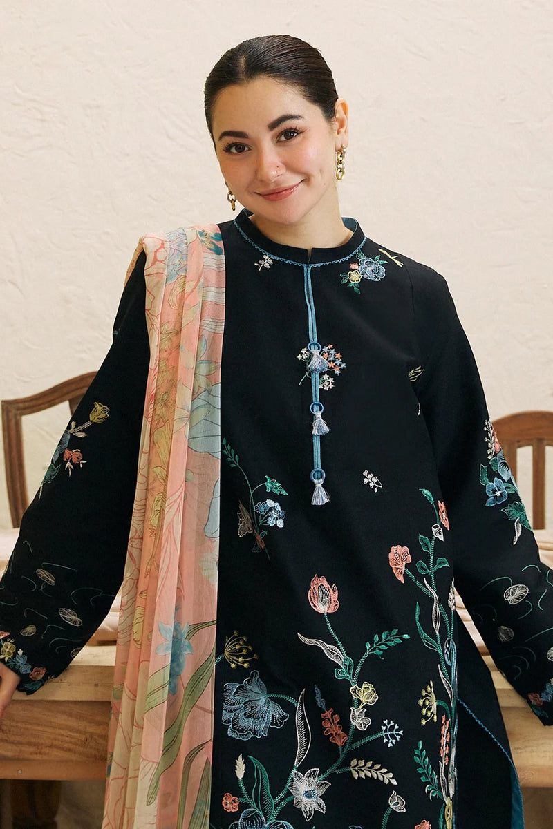 ZARASHAHJAHAN- 3PC DHANAK EMBROIDERED SHIRT WITH COUTRAI WOOL PRINT SHAWL AND EMB TROUSER-3214