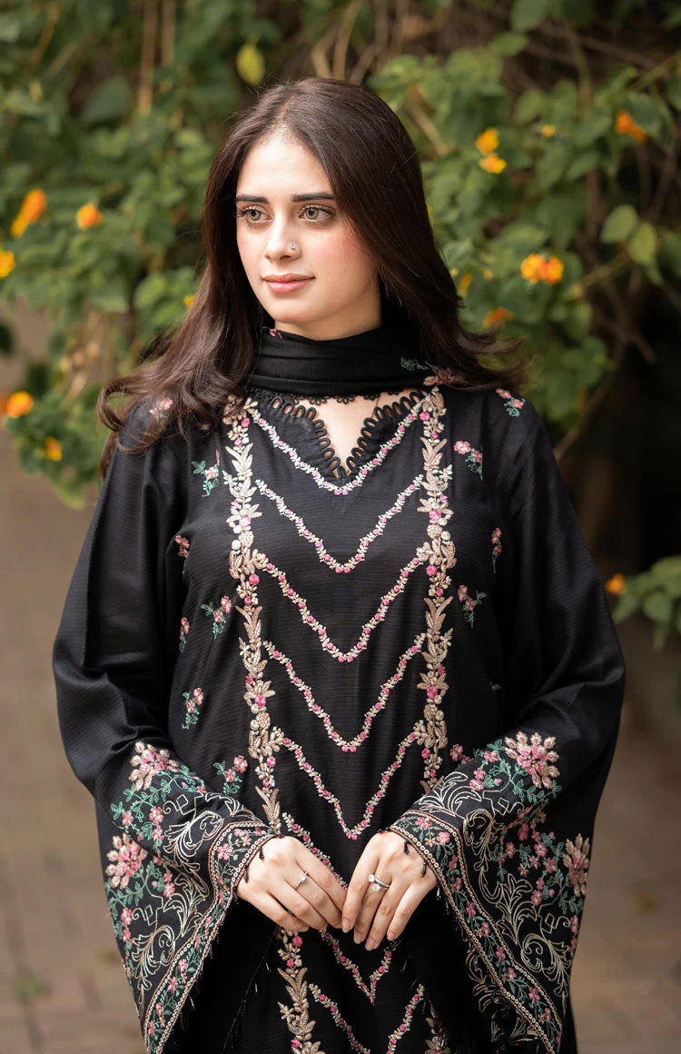 LIBAAS-3PC DHANAK EMBROIDERED SHIRT WITH DHANAK EMBROIDERED SHAWL & TROUSER-BIC-14346
