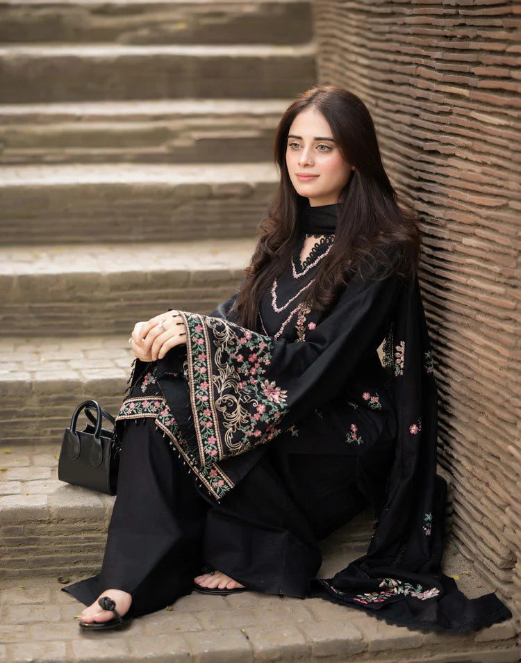 LIBAAS-3PC DHANAK EMBROIDERED SHIRT WITH DHANAK EMBROIDERED SHAWL & TROUSER-BIC-14346