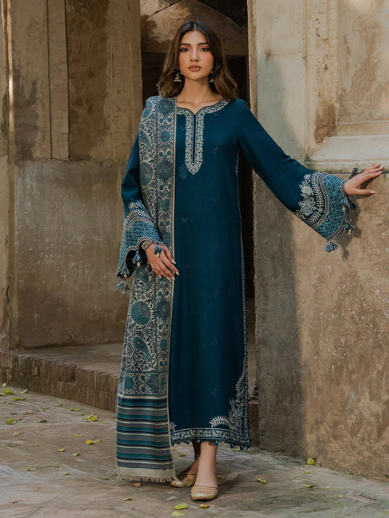 IZEL-3PC Dhanak EMBROIDERED SHIRT WITH COURTRAI PRINTED SHAWL & TROUSER-BIC-14369
