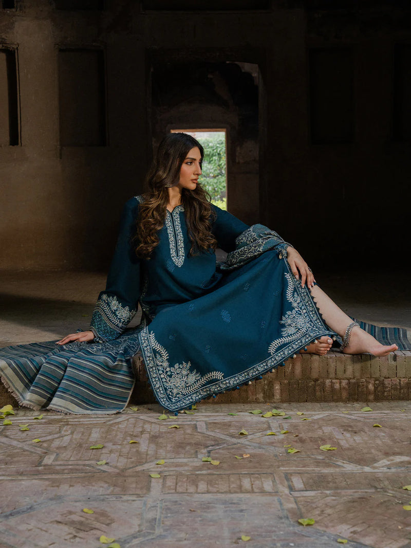 IZEL-3PC Dhanak EMBROIDERED SHIRT WITH COURTRAI PRINTED SHAWL & TROUSER-BIC-14369