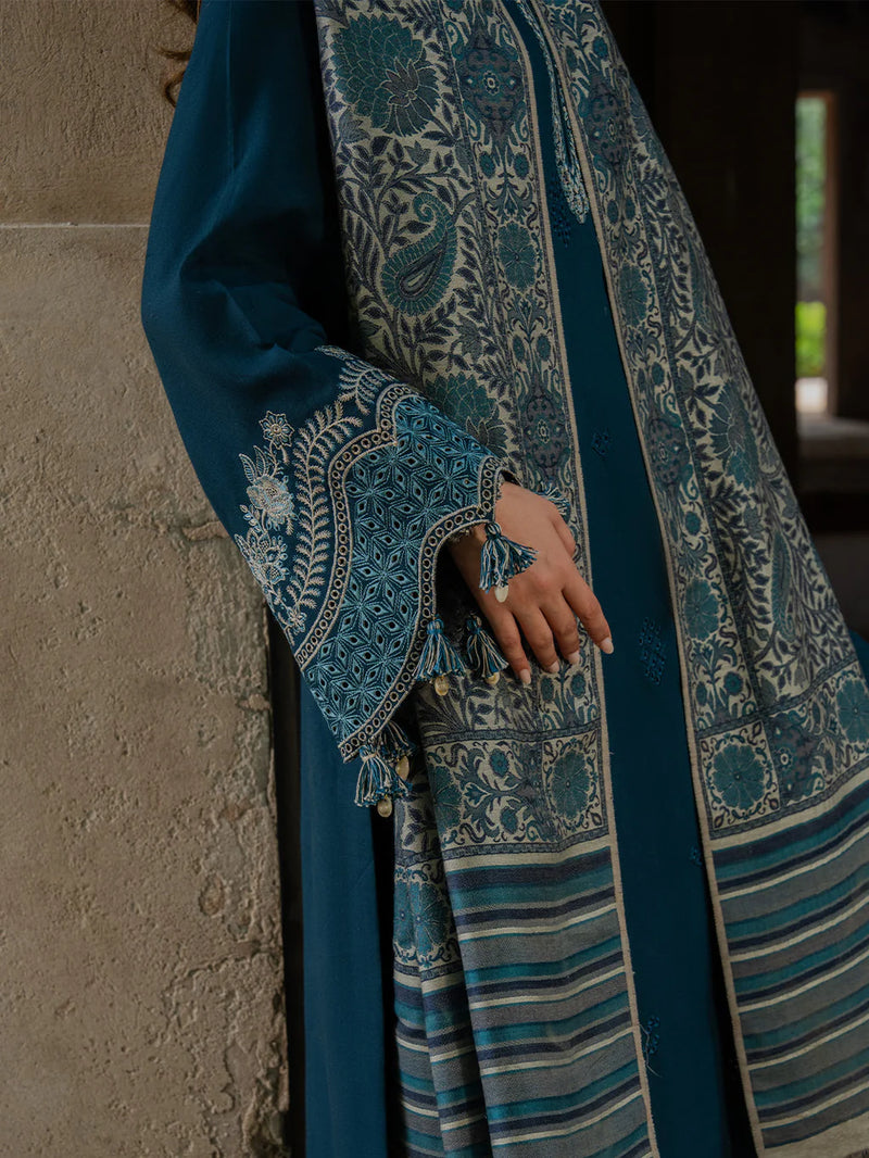 IZEL-3PC Dhanak EMBROIDERED SHIRT WITH COURTRAI PRINTED SHAWL & TROUSER-BIC-14369