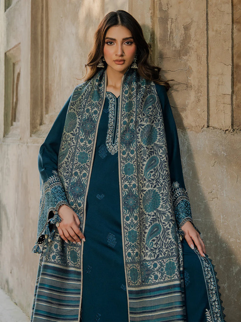IZEL-3PC Dhanak EMBROIDERED SHIRT WITH COURTRAI PRINTED SHAWL & TROUSER-BIC-14369