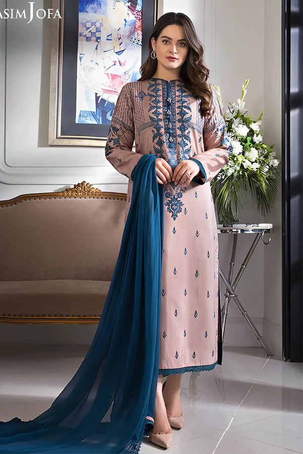 ASIM JOFA-3PC DHANAK EMBROIDERED SHIRT WITH BAMBER CHIFFON DUPATTA-NS- 14079