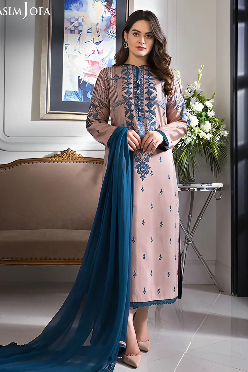 ASIM JOFA-3PC DHANAK EMBROIDERED SHIRT WITH BAMBER CHIFFON DUPATTA-NS- 14079
