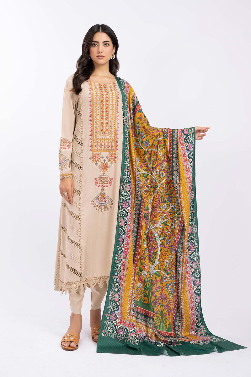 MARIA B - 3PC DHANAK EMBROIDERED SHIRT WITH PRINT SHAWL - 4076