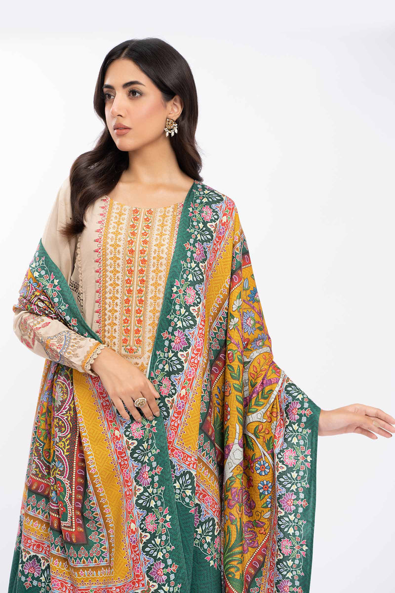 MARIA B - 3PC DHANAK EMBROIDERED SHIRT WITH PRINT SHAWL - 4076
