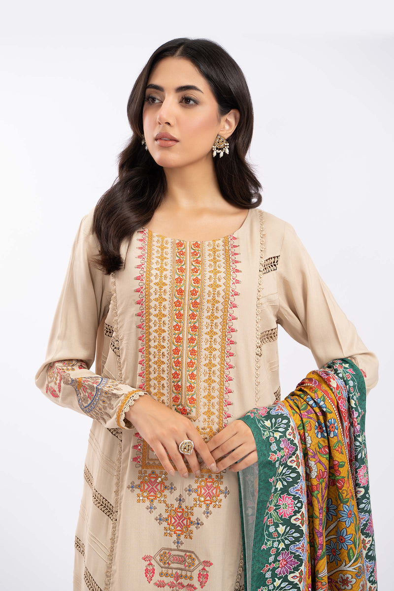 MARIA B - 3PC DHANAK EMBROIDERED SHIRT WITH PRINT SHAWL - 4076