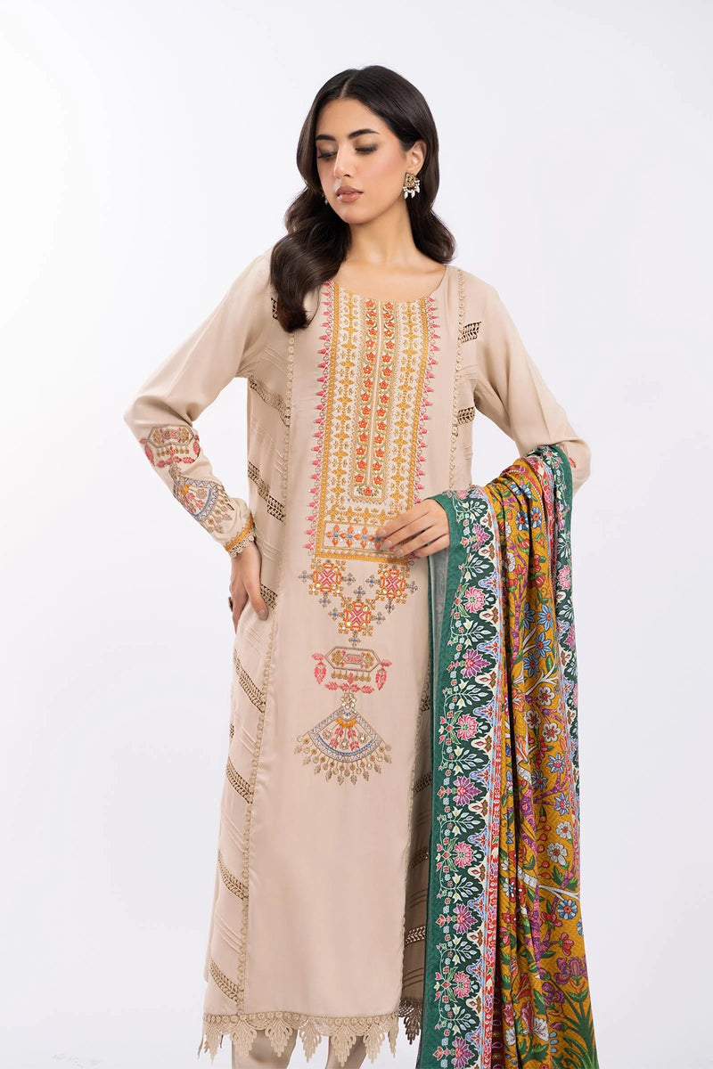 MARIA B - 3PC DHANAK EMBROIDERED SHIRT WITH PRINT SHAWL - 4076