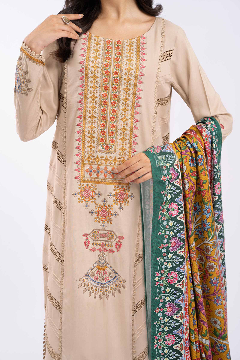 MARIA B - 3PC DHANAK EMBROIDERED SHIRT WITH PRINT SHAWL - 4076