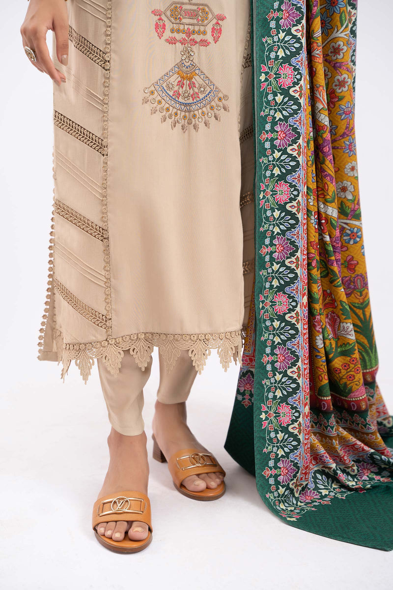 MARIA B - 3PC DHANAK EMBROIDERED SHIRT WITH PRINT SHAWL - 4076