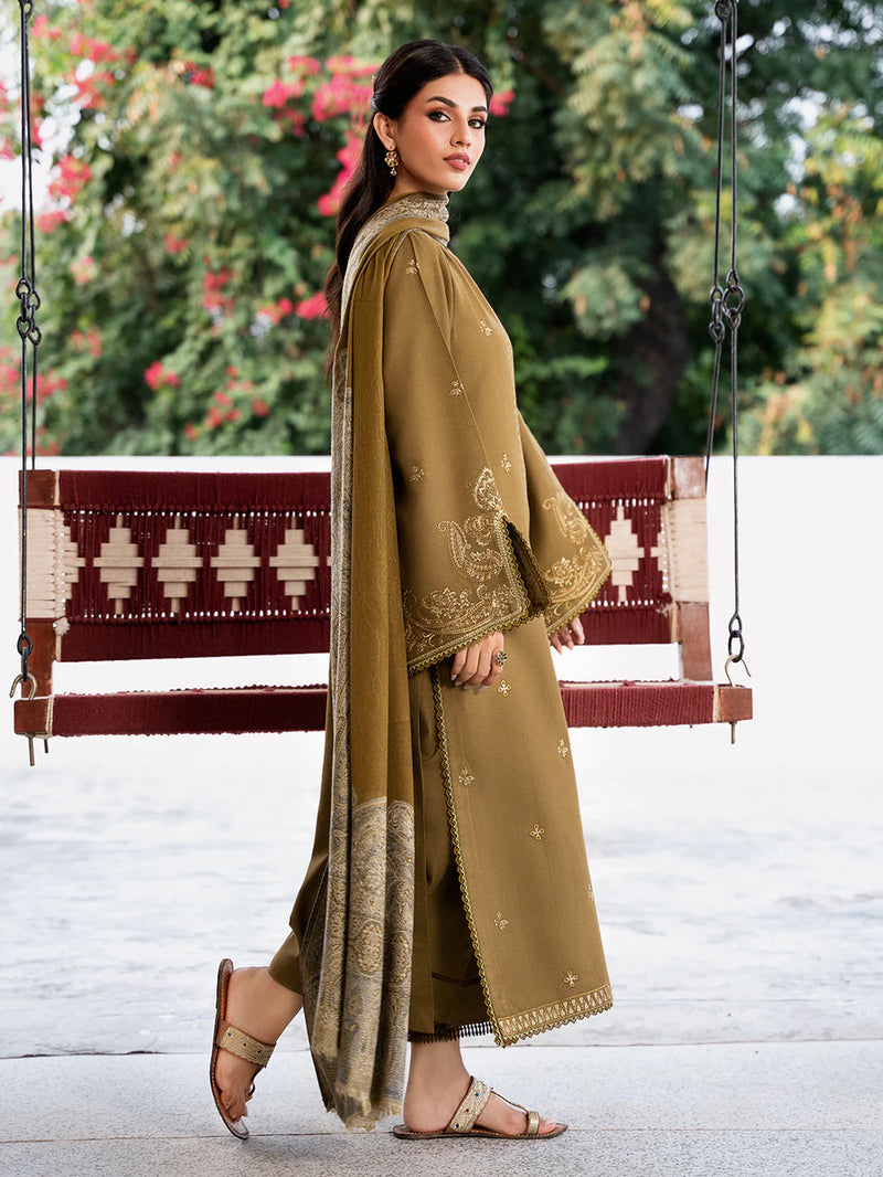 IZEL-3PC DHANAK EMBROIDERED SHIRT WITH COURTRAI PRINTED SHAWL & TROUSER-BIC-14376