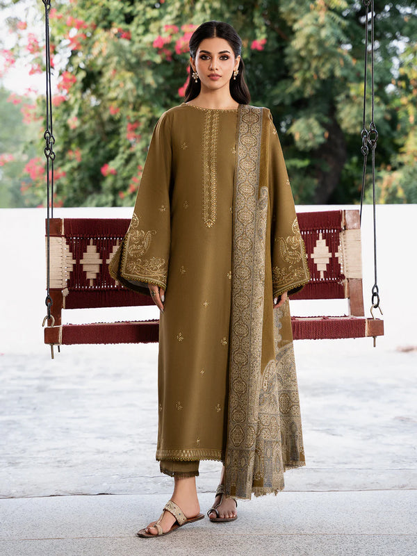 IZEL-3PC DHANAK EMBROIDERED SHIRT WITH COURTRAI PRINTED SHAWL & TROUSER-BIC-14376
