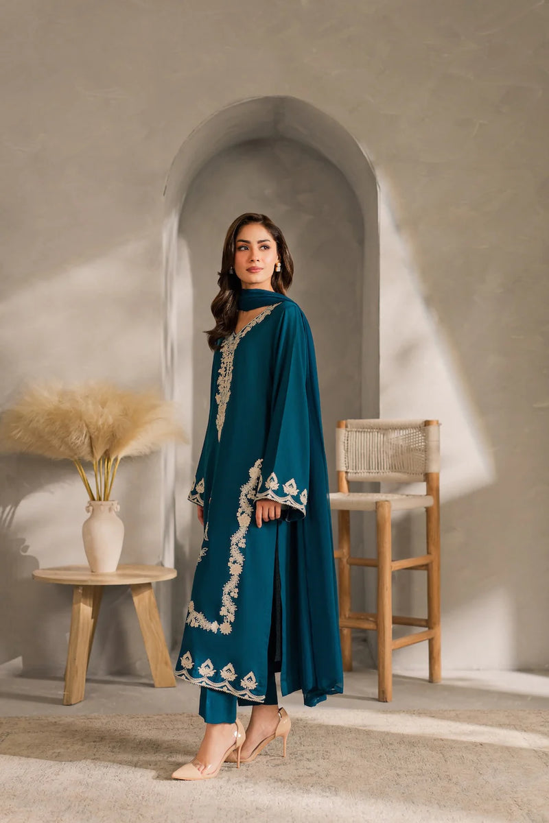 VINTAGE-3PC DHANAK EMBROIDERED SHIRT WITH BAMBER CHIFFON DUPATTA AND TROUSER-14259
