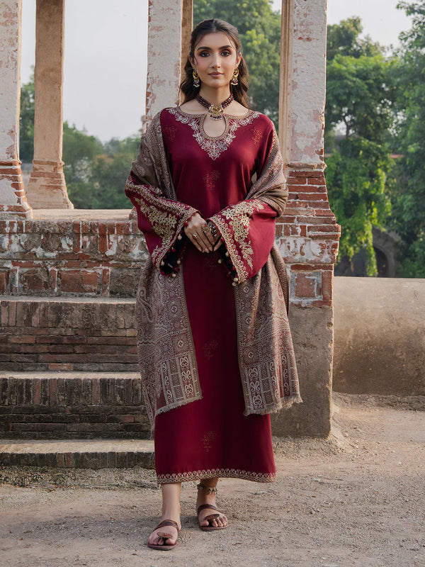 IZEL-3PC DHANAK EMBROIDERED SHIRT WITH COURTRAI PRINTED SHAWL & TROUSER-BIC-14363
