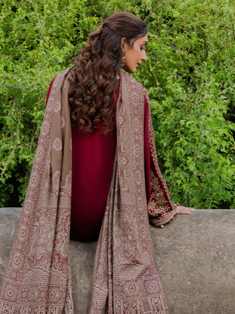 IZEL-3PC DHANAK EMBROIDERED SHIRT WITH COURTRAI PRINTED SHAWL & TROUSER-BIC-14363