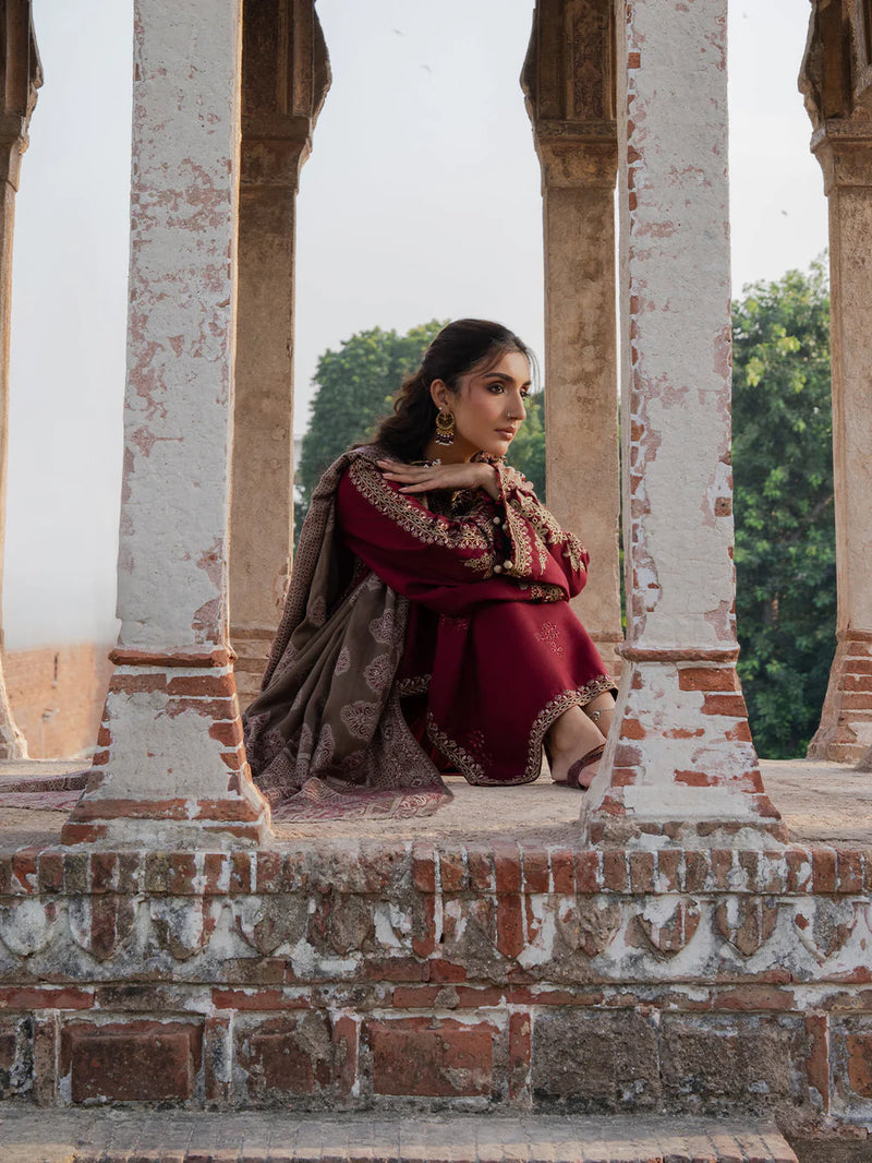 IZEL-3PC DHANAK EMBROIDERED SHIRT WITH COURTRAI PRINTED SHAWL & TROUSER-BIC-14363