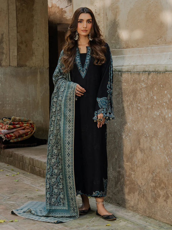 IZEL-3PC KHADDAR EMBROIDERED SHIRT WITH COURTRAI PRINTED SHAWL & TROUSER-NK 14379
