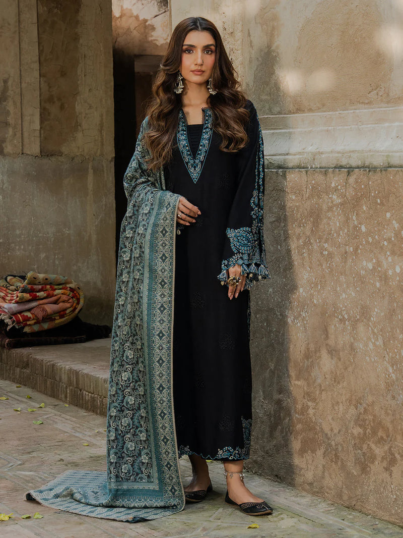 IZEL-3PC KHADDAR EMBROIDERED SHIRT WITH COURTRAI PRINTED SHAWL & TROUSER-NK 14379