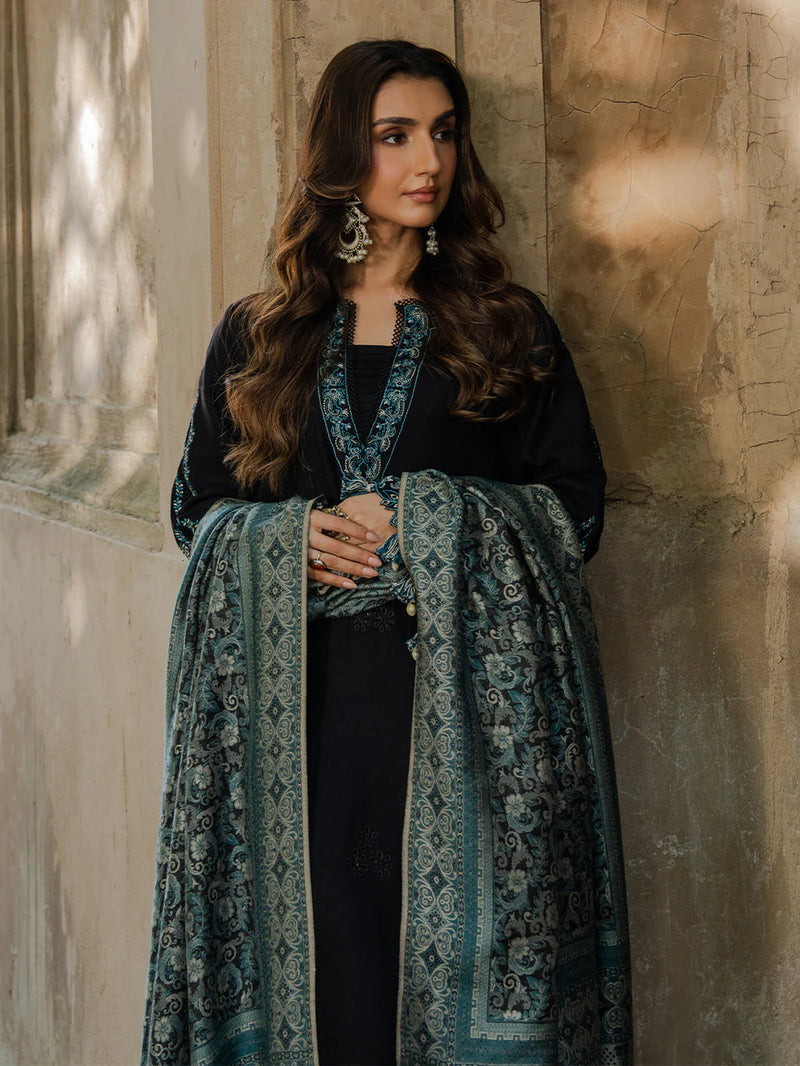 IZEL-3PC KHADDAR EMBROIDERED SHIRT WITH COURTRAI PRINTED SHAWL & TROUSER-NK 14379