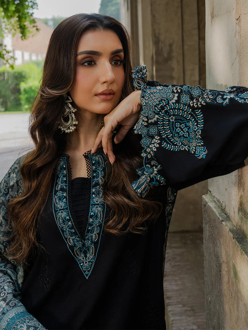 IZEL-3PC KHADDAR EMBROIDERED SHIRT WITH COURTRAI PRINTED SHAWL & TROUSER-NK 14379