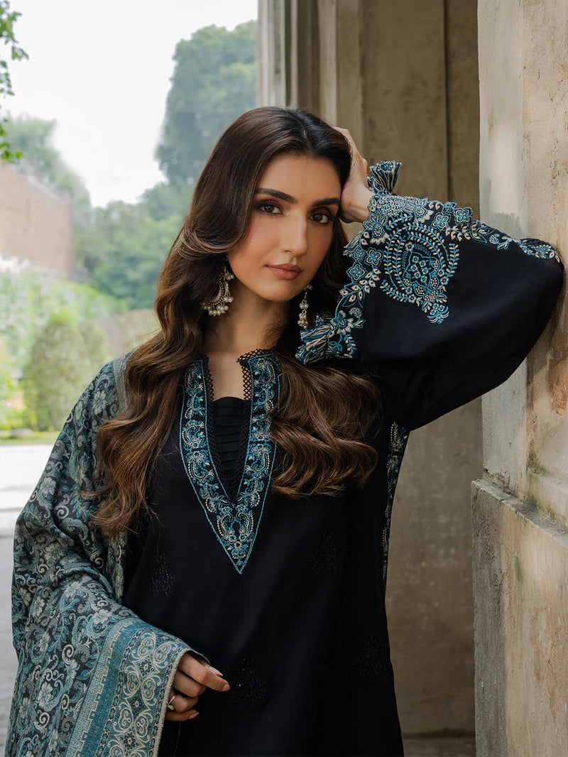 IZEL-3PC KHADDAR EMBROIDERED SHIRT WITH COURTRAI PRINTED SHAWL & TROUSER-NK 14379