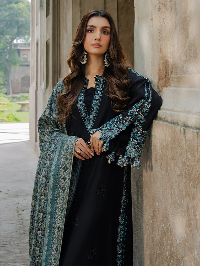 IZEL-3PC KHADDAR EMBROIDERED SHIRT WITH COURTRAI PRINTED SHAWL & TROUSER-NK 14379
