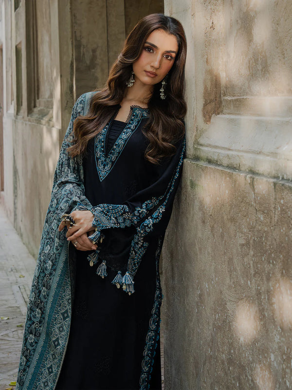 IZEL-3PC KHADDAR EMBROIDERED SHIRT WITH COURTRAI PRINTED SHAWL & TROUSER-NK 14379