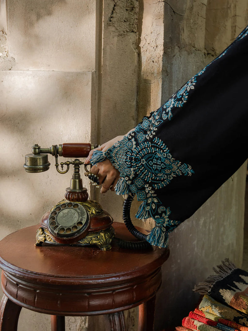 IZEL-3PC KHADDAR EMBROIDERED SHIRT WITH COURTRAI PRINTED SHAWL & TROUSER-NK 14379