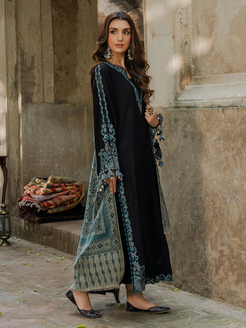 IZEL-3PC KHADDAR EMBROIDERED SHIRT WITH COURTRAI PRINTED SHAWL & TROUSER-NK 14379