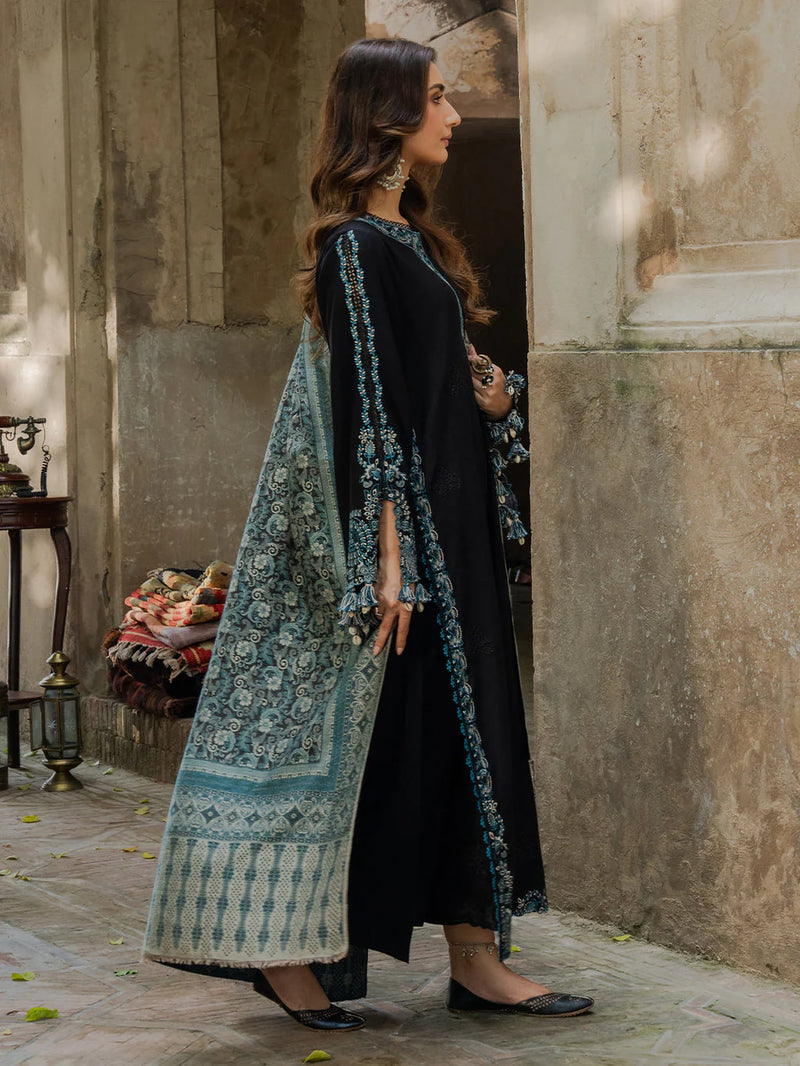 IZEL-3PC KHADDAR EMBROIDERED SHIRT WITH COURTRAI PRINTED SHAWL & TROUSER-NK 14379