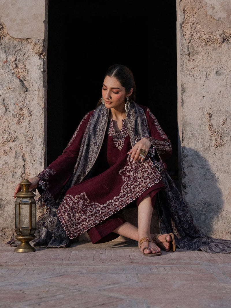 IZEL-3PC DHANAK EMBROIDERED SHIRT WITH COURTRAI PRINTED SHAWL & TROUSER-BIC-14364