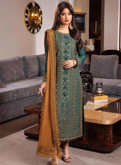 ASIM JOFA-3PC DHANAK EMBROIDERED SHIRT WITH CHIFFON EMBROIDERED DUPATTA AND TROUSER  - 4153