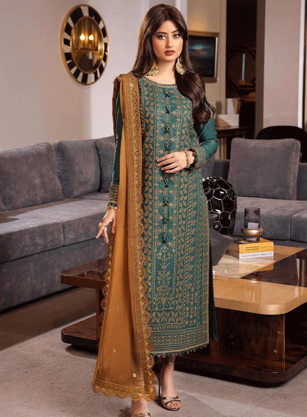 ASIM JOFA-3PC DHANAK EMBROIDERED SHIRT WITH CHIFFON EMBROIDERED DUPATTA AND TROUSER  - 4153