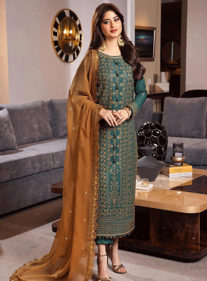 ASIM JOFA-3PC DHANAK EMBROIDERED SHIRT WITH CHIFFON EMBROIDERED DUPATTA AND TROUSER  - 4153