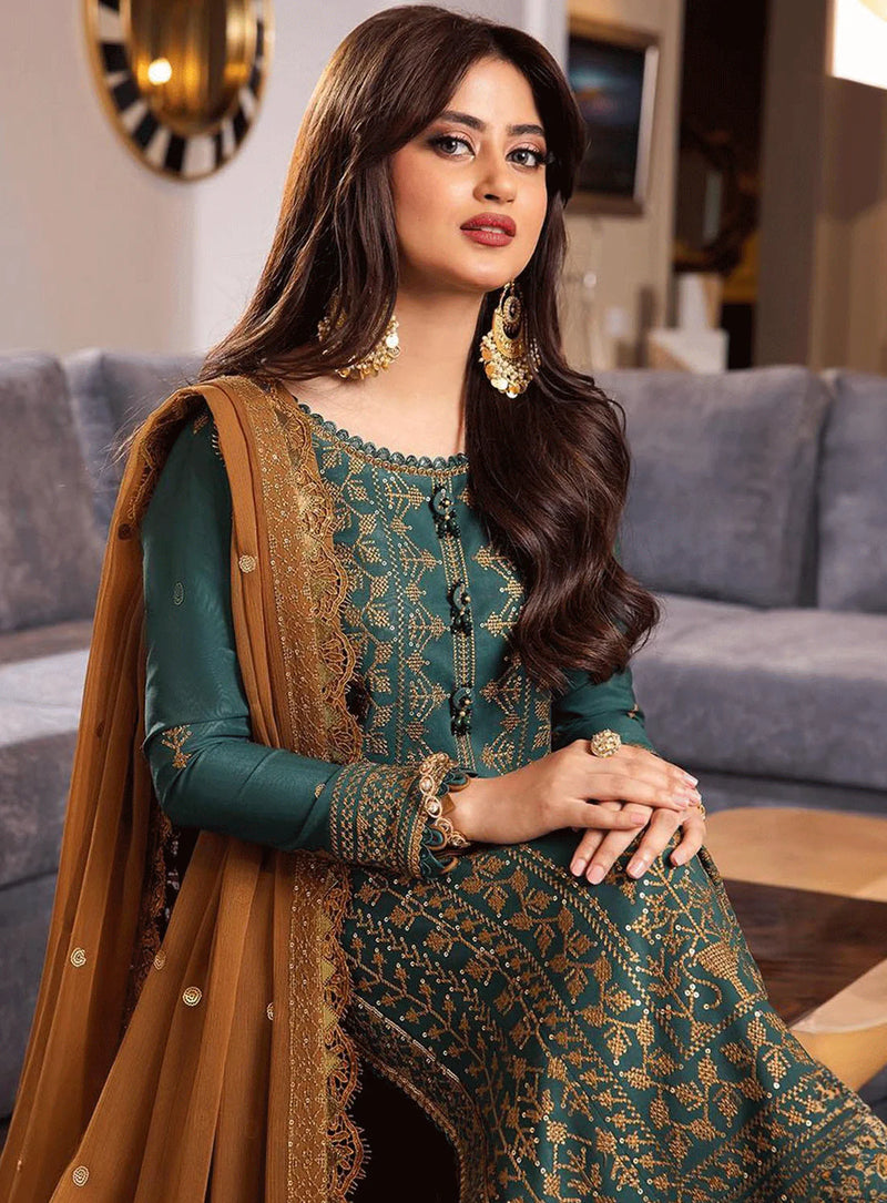 ASIM JOFA-3PC DHANAK EMBROIDERED SHIRT WITH CHIFFON EMBROIDERED DUPATTA AND TROUSER  - 4153