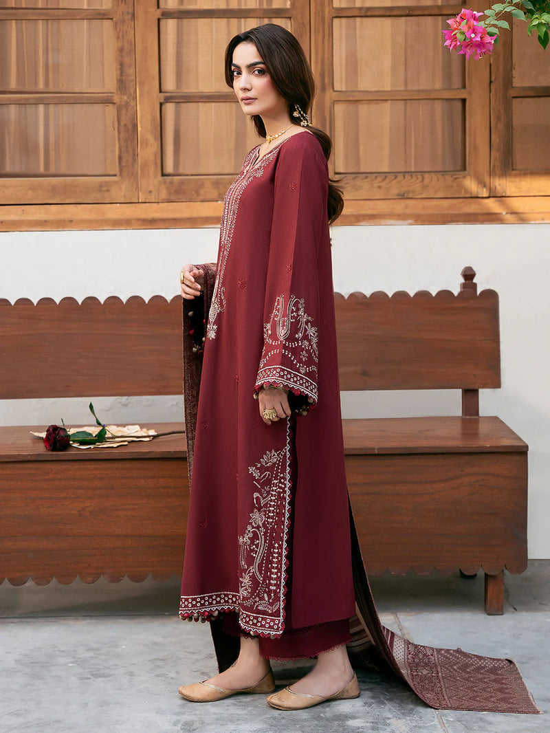 IZEL-3PC KHADDAR EMBROIDERED SHIRT WITH COURTRAI PRINTED SHAWL & TROUSER - NK 14384