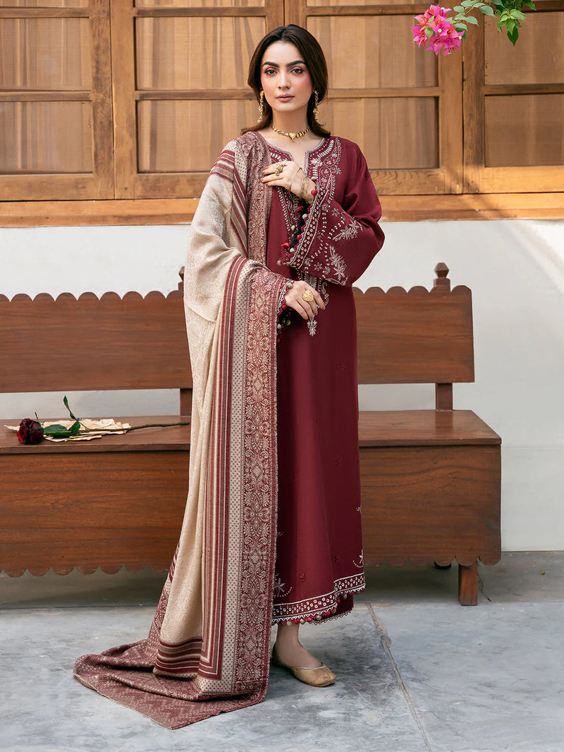 IZEL-3PC KHADDAR EMBROIDERED SHIRT WITH COURTRAI PRINTED SHAWL & TROUSER - NK 14384