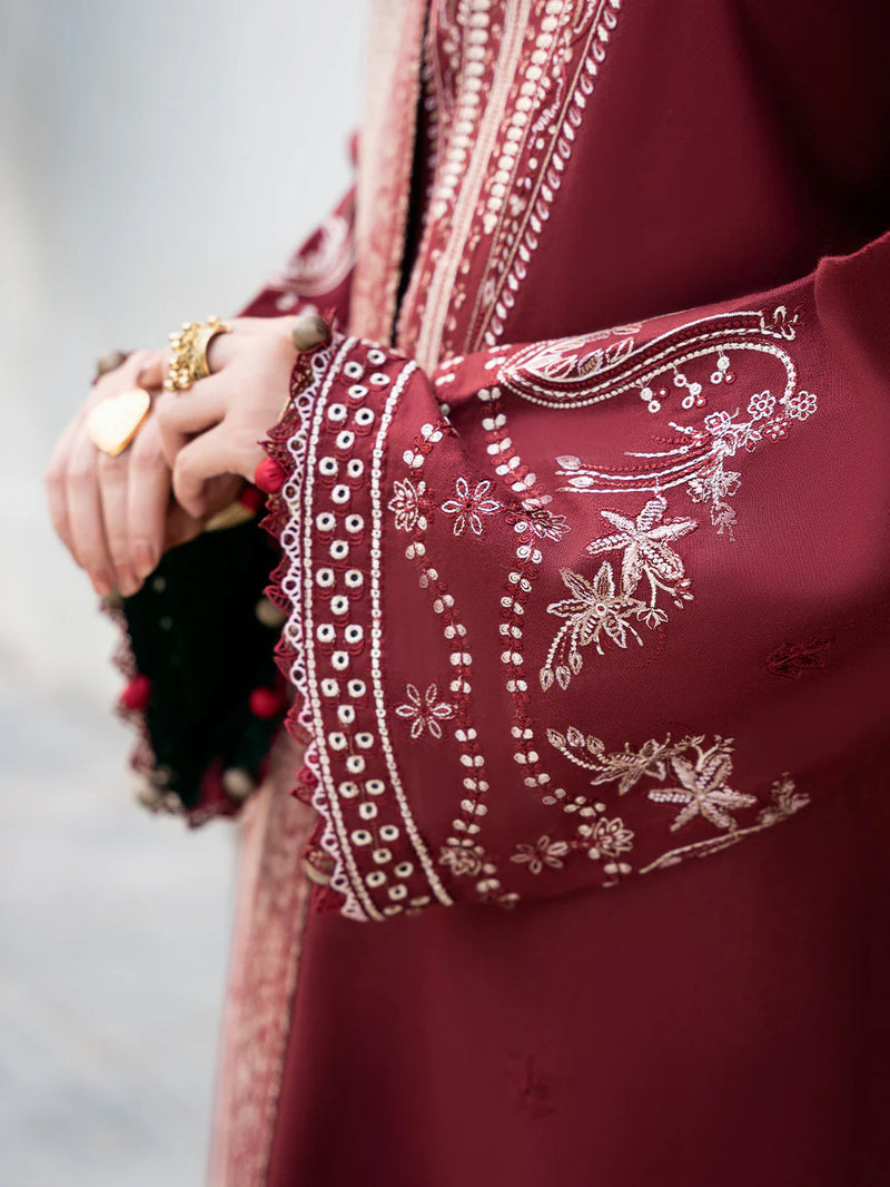 IZEL-3PC KHADDAR EMBROIDERED SHIRT WITH COURTRAI PRINTED SHAWL & TROUSER - NK 14384