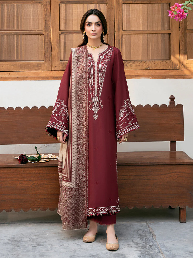 IZEL-3PC KHADDAR EMBROIDERED SHIRT WITH COURTRAI PRINTED SHAWL & TROUSER - NK 14384