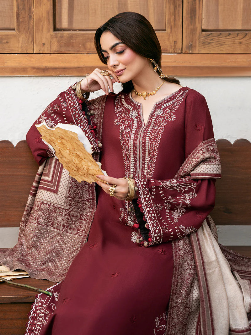 IZEL-3PC KHADDAR EMBROIDERED SHIRT WITH COURTRAI PRINTED SHAWL & TROUSER - NK 14384