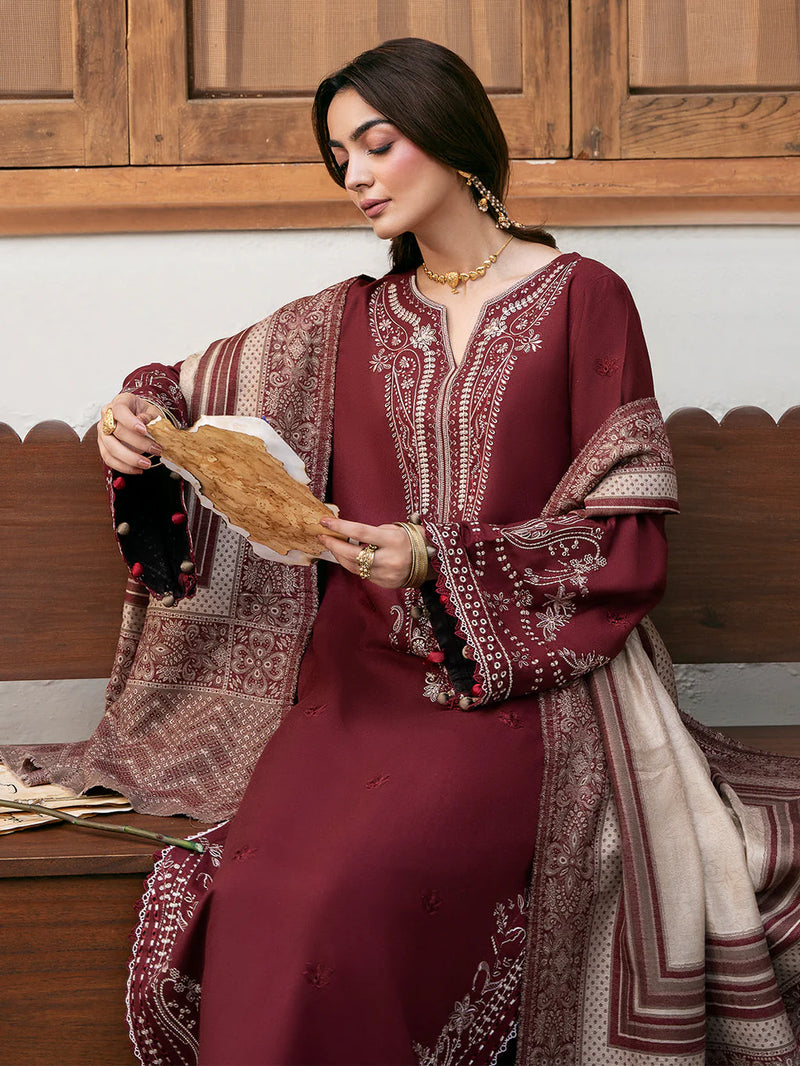 IZEL-3PC KHADDAR EMBROIDERED SHIRT WITH COURTRAI PRINTED SHAWL & TROUSER - NK 14384