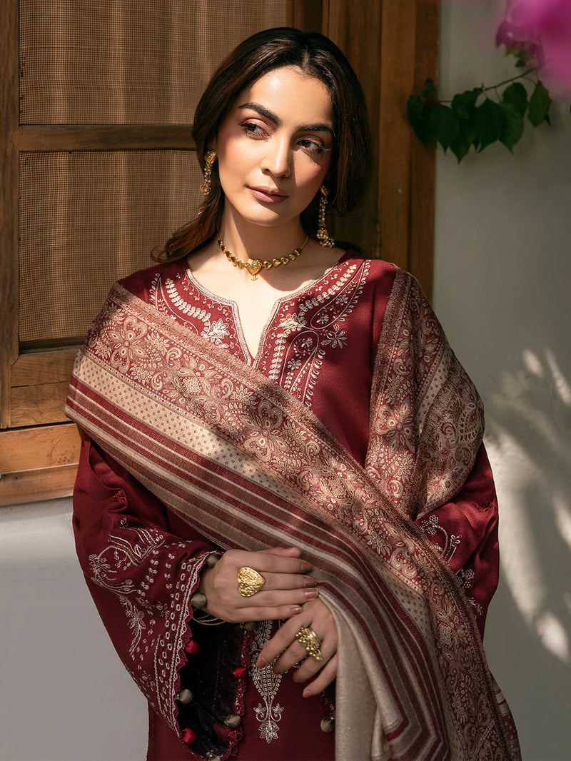IZEL-3PC KHADDAR EMBROIDERED SHIRT WITH COURTRAI PRINTED SHAWL & TROUSER - NK 14384